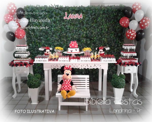 DECORAÇÃO MINNIE MESA FLORAL COM LATERAL MURO INGLES FALSO GAS HELIO MDF BANCO BOLO NOME