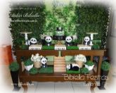 DECORAÇÃO PANDA RUSTICO 2 MESAS DUPLA PAINEL MISTO MDF BOLO NOME