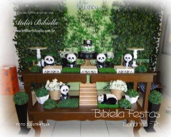 DECORAÇÃO PANDA RUSTICO 2 MESAS DUPLA PAINEL MISTO MDF BOLO NOME