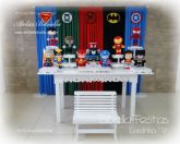 DECORAÇÃO SUPER HEROIS MESA FLORAL CORTINA BANCO MDF BOLO