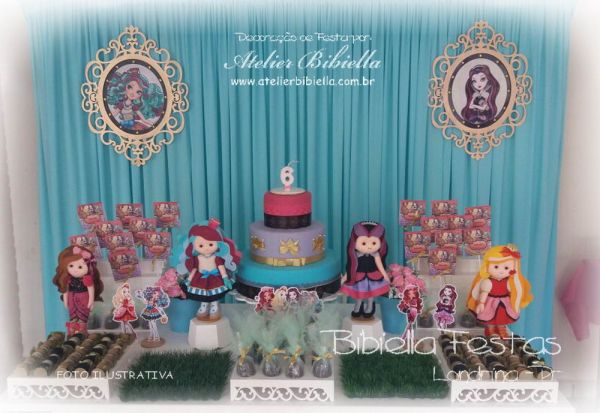 DECORAÇÃO EVER AFTER HIGH SEM MESA COM LATERAL GRADE CORTINA MDF BANCO BOLO  NOME - Atelier Bibiella