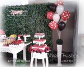 DECORAÇÃO MINNIE MESA FLORAL COM LATERAL MURO INGLES FALSO GAS HELIO MDF BANCO BOLO NOME