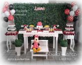 DECORAÇÃO MINNIE MESA FLORAL COM LATERAL MURO INGLES FALSO GAS HELIO MDF BANCO BOLO NOME