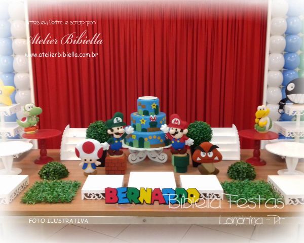 DECORAÇÃO SUPER MARIO SEM MESA GRADE CORTINA MDF BOLO NOME